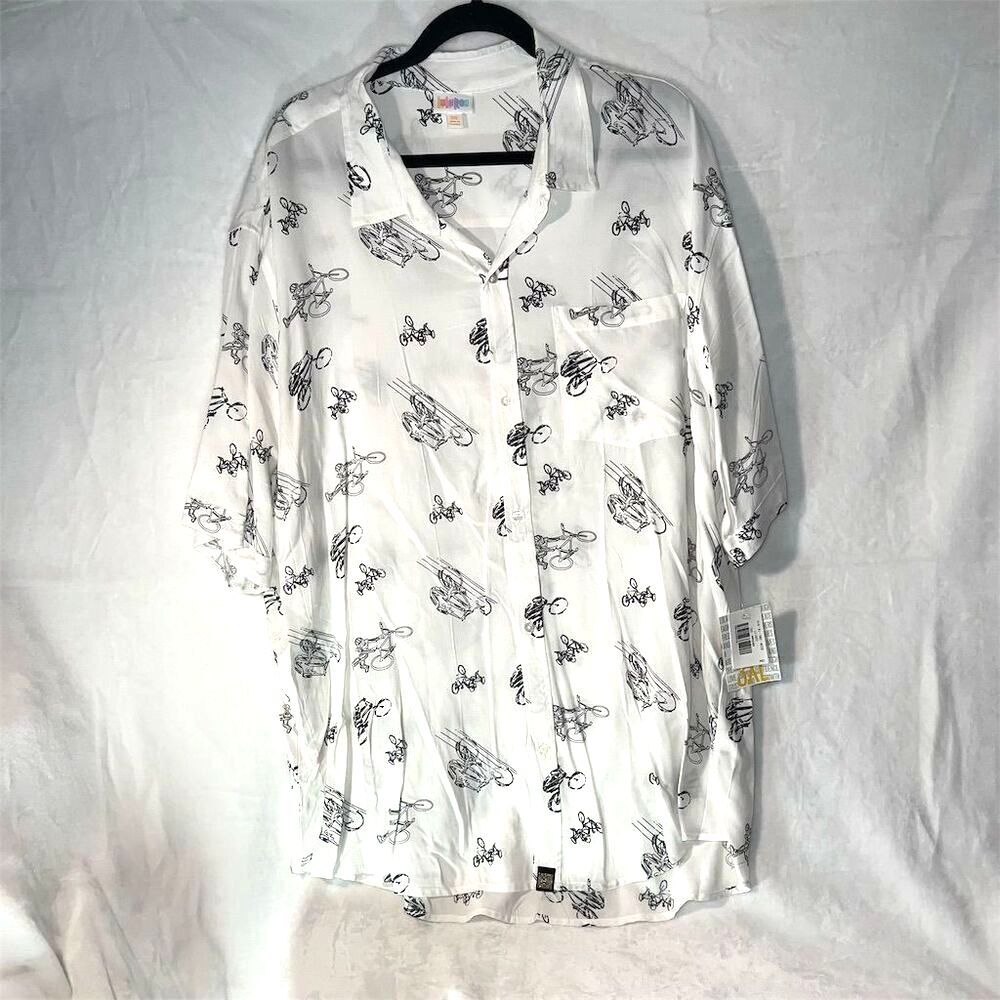 LuLaRoe MIchael Men's 3XL White Bicycle Print Button-Up Shirt Long Sleeve